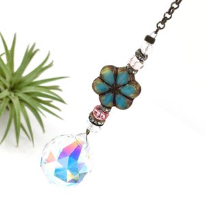 Blue Jean Boho Sun Catcher, Small Crystal Prism Rainbow Maker, Brighten Your Window or Garden - Sweet Handmade Gift by 2 DirtyBirds Boutique