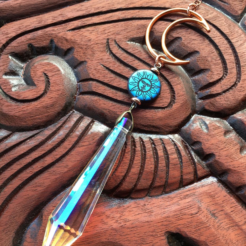 Sun Catcher, Moon, Sun, Copper, Crystal Prism Hanging, Rainbow Maker, LG, AB 76mm Crystal, Home, Window, Garden,Gift, 2 DirtyBirds Boutique