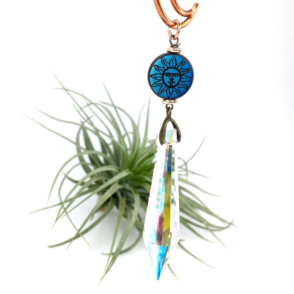 Sun Catcher, Moon, Sun, Copper, Crystal Prism Hanging, Rainbow Maker, LG, AB 76mm Crystal, Home, Window, Garden,Gift, 2 DirtyBirds Boutique