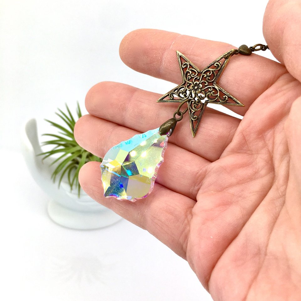 Elegant Star Filigree Sun Catcher - Rainbow Light Prism for Windows or Cars, Perfect Handcrafted Garden Decor Gift from 2 Dirty Birds