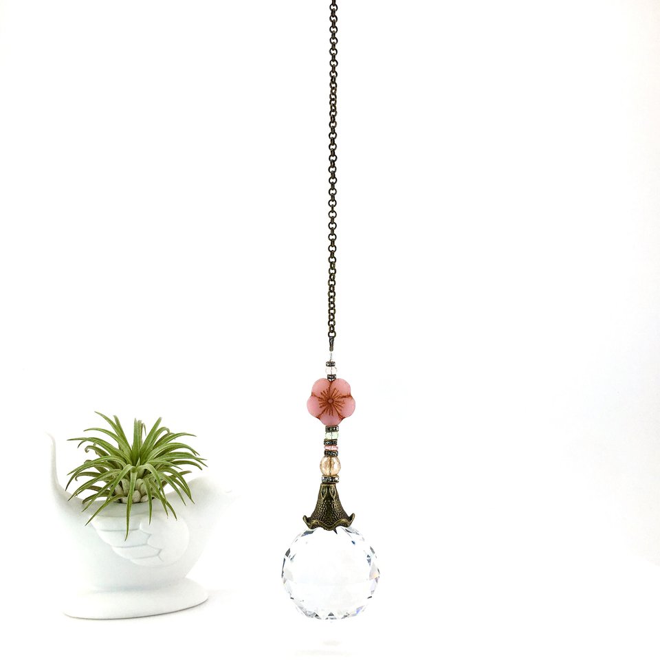 Elegant Pink Flower - Sun Catcher, LG Crystal Prism Rainbow Maker, Brighten Your Window or Garden – Handmade Gift by 2 Dirty Birds Boutique