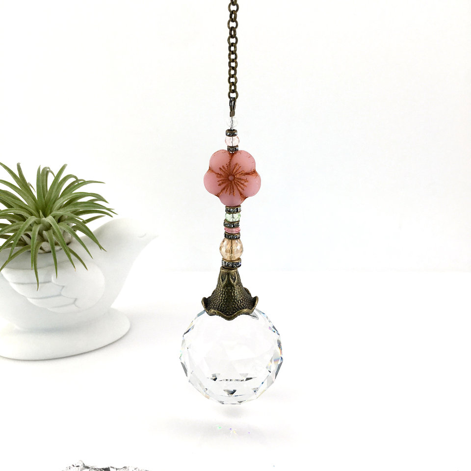 Elegant Pink Flower - Sun Catcher, LG Crystal Prism Rainbow Maker, Brighten Your Window or Garden – Handmade Gift by 2 Dirty Birds Boutique
