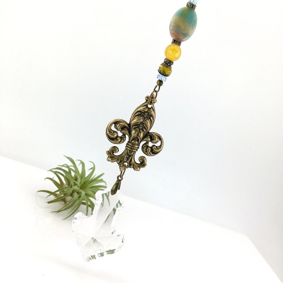 Fleur De Lis Elegant Sun Catcher - Crystal Prism Rainbow Maker with Gemstones, Brighten Your Window or Garden, Handmade Gift by 2 DirtyBirds