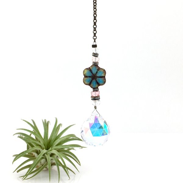 Blue Jean Boho Sun Catcher, Small Crystal Prism Rainbow Maker, Brighten Your Window or Garden - Sweet Handmade Gift by 2 DirtyBirds Boutique