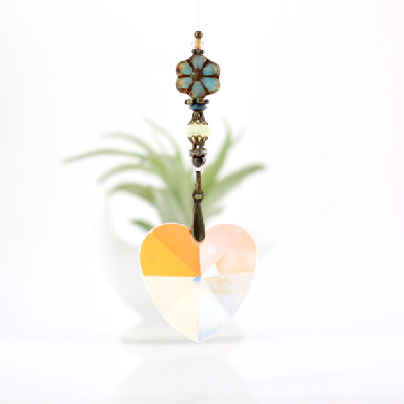 Boho Heart, Faceted Crystal Heart, Handmade Sun Catcher, Window Decor
