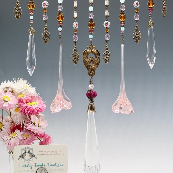 Chandelier Glass "Window Necklace", Gorgeous Vintage Prism Focal, Vintage Pink Chandelier Flowers, Vintage Peacock Stamped Metal Focal