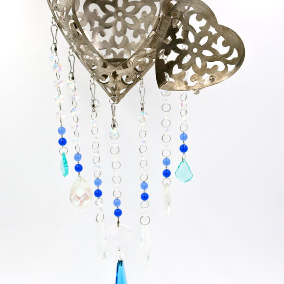 Filigree Heart Lantern with Rare Chandelier Art Glass, Chandelier Hanging, Metal Heart Ornament, Romantic Decoration, Boho Decor, Hanging Crystals, Aqua Hanging Glass