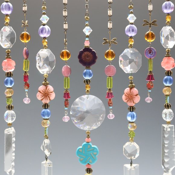 Beaded Curtain w/Gemstones & Dragonflies, Chandelier Glass Hanging, Sun Catcher, Boho Decor, Crystal, Prism Glass, Chandelier Crystal Glass