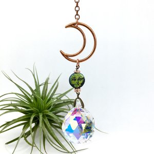 Sun Catcher, Moon face, Copper, Crystal Prism Hanging, Rainbow Maker, SM, AB 20mm Crystal, Home, Window, Garden,Gift, 2 DirtyBirds Boutique