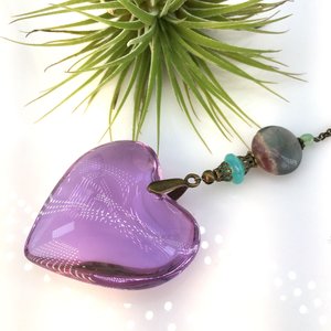 Sun Catcher, Puffy Lavender Crystal Heart, Flourite Gemstone, LG 45mm, Hanging for Windows, Home, Garden, Valentine, Gift, 2 DirtyBirds