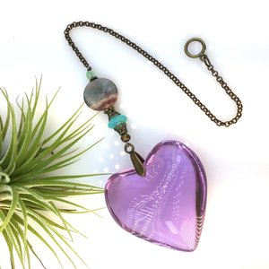 Sun Catcher, Puffy Lavender Crystal Heart, Flourite Gemstone, LG 45mm, Hanging for Windows, Home, Garden, Valentine, Gift, 2 DirtyBirds