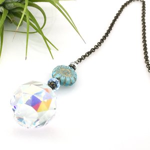 Blue Flower Crystal Suncatcher: Rainbow Prism, Czech Glass Beads