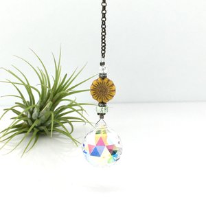 Sunflower Crystal Sun Catcher: 20mm Asfour Rainbow Prism, Czech Glass Beads, Handmade