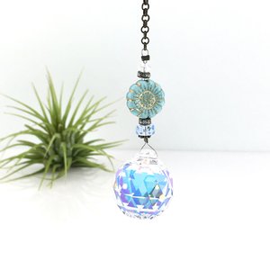 Blue Flower Crystal Suncatcher: Rainbow Prism, Czech Glass Beads