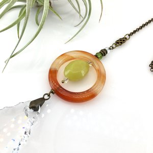 Gemstone Sun Catcher: Sardonyx Agate, Lemon Jade Crystal Prism, Czech Glass
