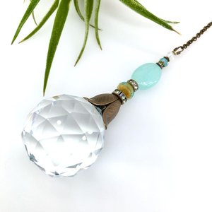 Blue Chalcedony Crystal Sun Catcher: 30mm Rainbow Prism Window Garden Decor