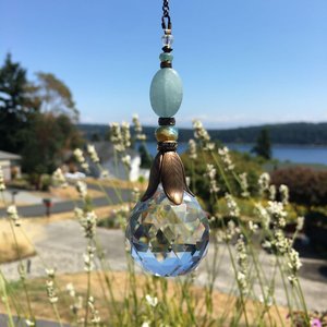Blue Chalcedony Crystal Sun Catcher: 30mm Rainbow Prism Window Garden Decor