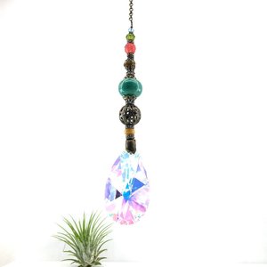 Gemstone Sun Catcher: Asfour Crystal Prism, Cherry Quartz, Czech Glass