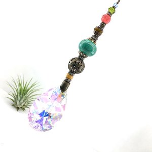 Gemstone Sun Catcher: Asfour Crystal Prism, Cherry Quartz, Czech Glass