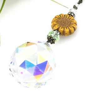 Sunflower Crystal Sun Catcher: 20mm Asfour Rainbow Prism, Czech Glass Beads, Handmade
