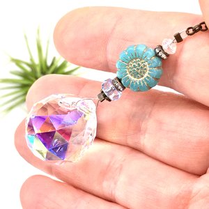 Blue Flower Crystal Suncatcher: Rainbow Prism, Czech Glass Beads