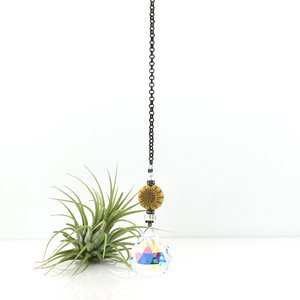 Sunflower Crystal Sun Catcher: 20mm Asfour Rainbow Prism, Czech Glass Beads, Handmade