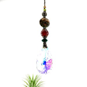 Gemstone Sun Catcher: Asfour Crystal Prism, Rhyolite & Agate, Czech Glass