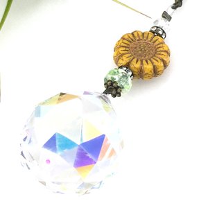 Sunflower Crystal Sun Catcher: 20mm Asfour Rainbow Prism, Czech Glass Beads, Handmade