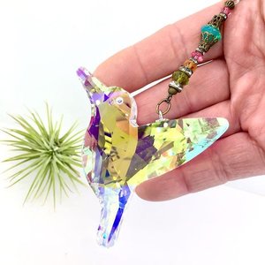 Large Hummingbird Crystal Sun Catcher: Boho Rainbow Maker, Czech & Austrian Beads