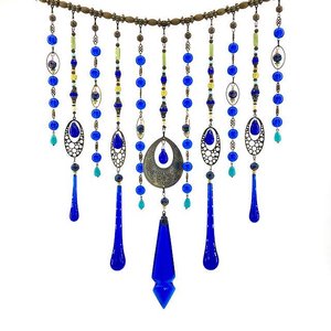 Vintage Cobalt Chandelier Crystal Hanging, Handmade Boho Beaded Curtain for Window or Garden