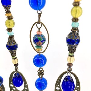 Vintage Cobalt Chandelier Crystal Hanging, Handmade Boho Beaded Curtain for Window or Garden