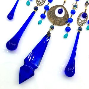 Vintage Cobalt Chandelier Crystal Hanging, Handmade Boho Beaded Curtain for Window or Garden