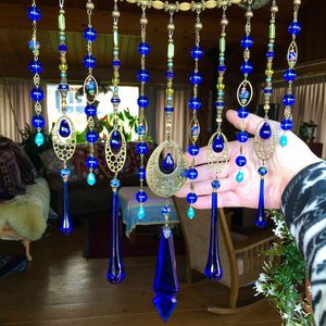 Vintage Cobalt Chandelier Crystal Hanging, Handmade Boho Beaded Curtain for Window or Garden