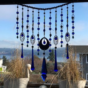 Vintage Cobalt Chandelier Crystal Hanging, Handmade Boho Beaded Curtain for Window or Garden