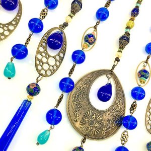 Vintage Cobalt Chandelier Crystal Hanging, Handmade Boho Beaded Curtain for Window or Garden