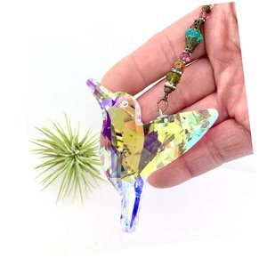 Large Hummingbird Crystal Sun Catcher: Boho Rainbow Maker, Czech & Austrian Beads