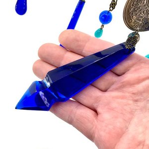 Vintage Cobalt Chandelier Crystal Hanging, Handmade Boho Beaded Curtain for Window or Garden