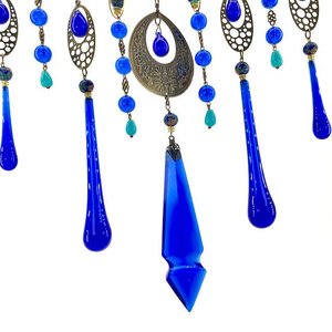Vintage Cobalt Chandelier Crystal Hanging, Handmade Boho Beaded Curtain for Window or Garden