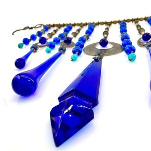 Vintage Cobalt Chandelier Crystal Hanging, Handmade Boho Beaded Curtain for Window or Garden