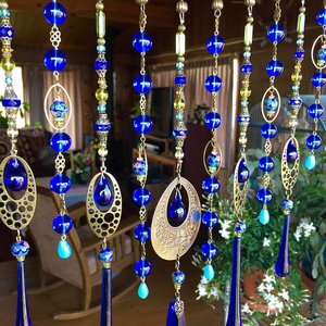 Vintage Cobalt Chandelier Crystal Hanging, Handmade Boho Beaded Curtain for Window or Garden