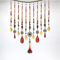 Adorn your personal space with our unique, exceptional chandelier beaded curtain or what we lovingly refer to as a "Window Necklace".  The fluid nature (similar to a necklace) of this eleven strand hanging, allows for gentle movement after being hung which creates wonderful and beautiful reflections with just about any light and atmosphere.

Vintage Murano chandelier focal, new and vintage chandelier prism, and stamped Strass Swarovski crystal. Beads: Ruby, Swarovski, and Czech glass beads.