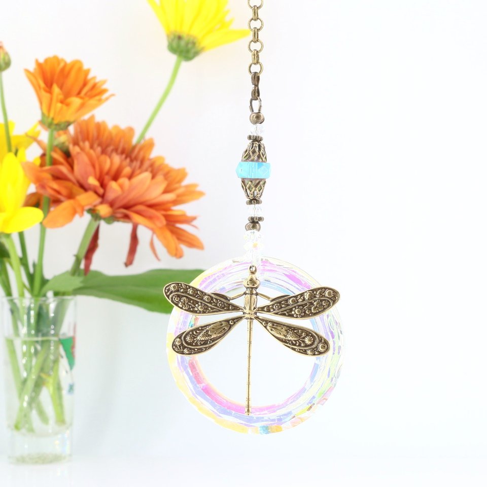 Elegant Dragonfly Crystal Sun Catcher - 50mm Prism, Handmade Rainbow Maker for Windows, Perfect Gift from 2 Dirty Birds Boutique