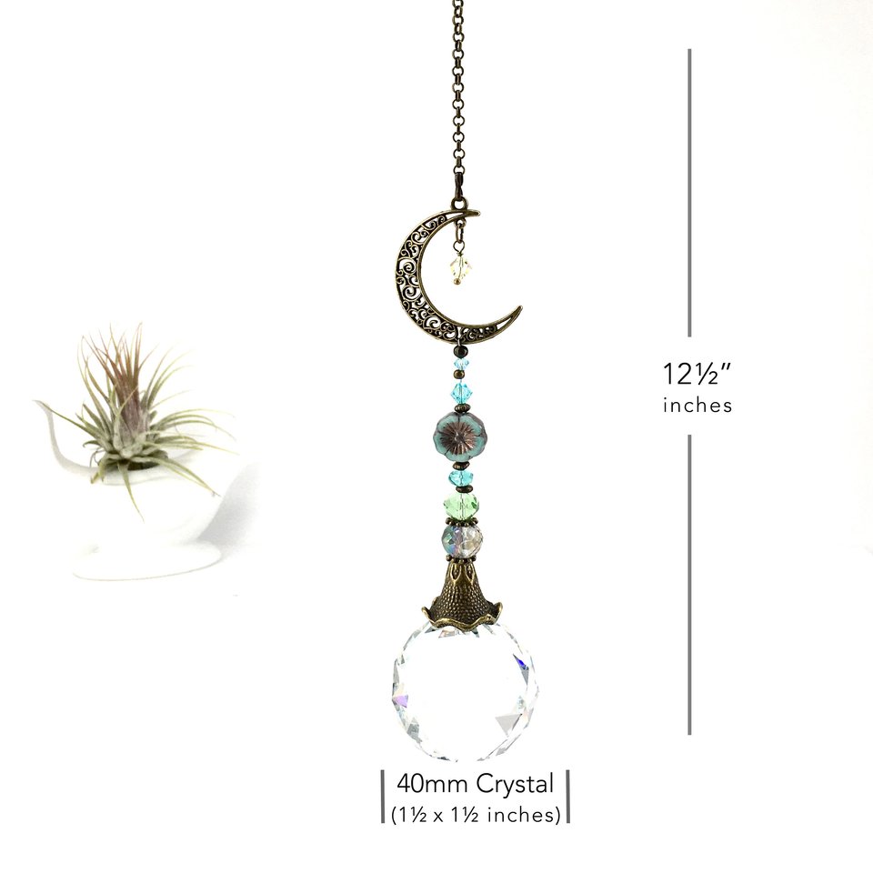 Boho Sun Catcher, Crescent Moon, Rainbow Maker, Crystal Prism, LG, 40mm Sphere, Window Decor, Home, Garden, Gift, 2 Dirty Birds Boutique