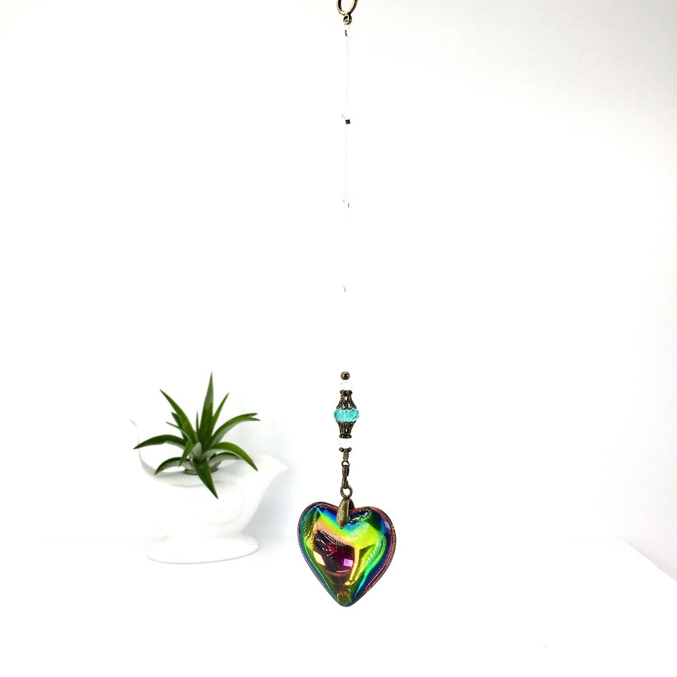 Boho Decor, Rainbow Heart, Crystal Hanging, Puffy Heart, Vitrail, SunCatcher, Home, Garden Decor, Gift, Mother's Day, 2 Dirty Birds Boutique