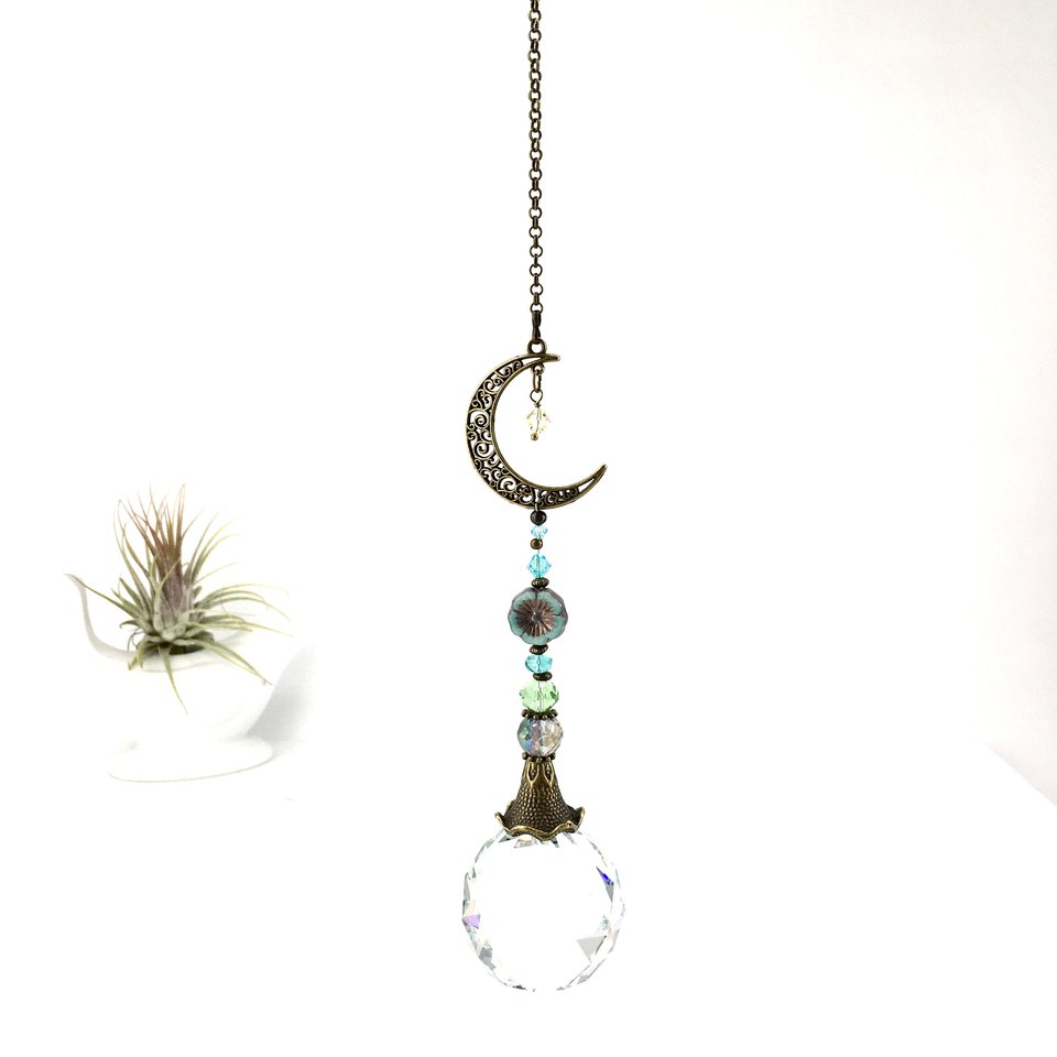 Sun Catcher - Handmade Crescent Moon, Rainbow Maker with Large Crystal Sphere, Perfect for Home & Garden Decor, Unique Gift by 2 DirtyBirds