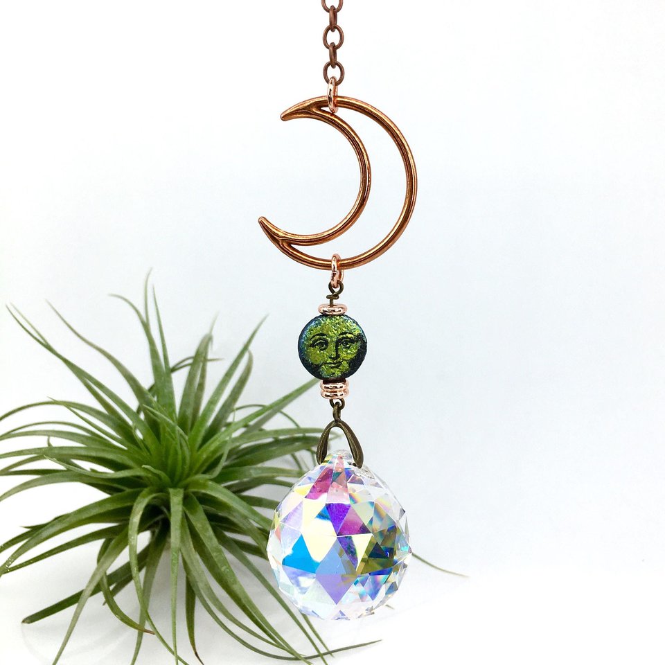 Sun Catcher, Moon face, Copper, Crystal Prism Hanging, Rainbow Maker, SM, AB 20mm Crystal, Home, Window, Garden,Gift, 2 DirtyBirds Boutique
