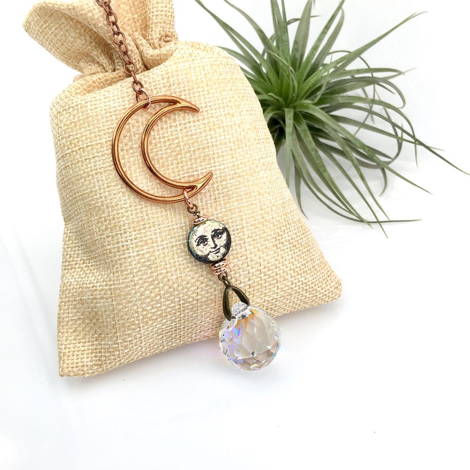 Sun Catcher, Moon face, Copper, Crystal Prism Hanging, Rainbow Maker, SM, AB 20mm Crystal, Home, Window, Garden,Gift, 2 DirtyBirds Boutique