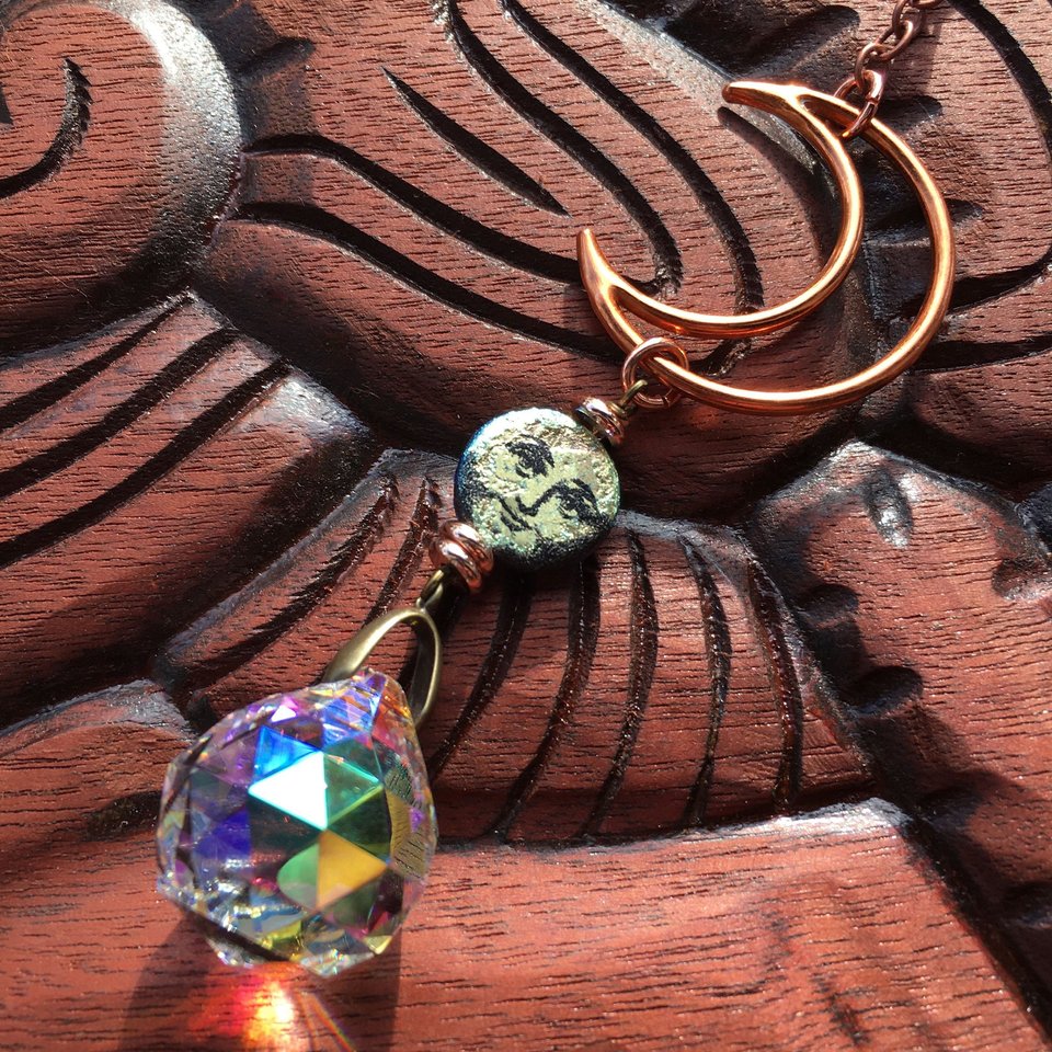 Sun Catcher, Moon face, Copper, Crystal Prism Hanging, Rainbow Maker, SM, AB 20mm Crystal, Home, Window, Garden,Gift, 2 DirtyBirds Boutique