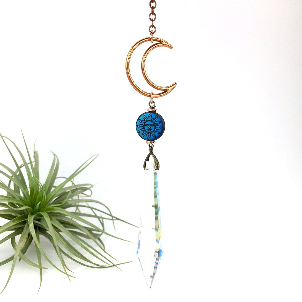 Sun Catcher, Moon, Sun, Copper, Crystal Prism Hanging, Rainbow Maker, LG, AB 76mm Crystal, Home, Window, Garden,Gift, 2 DirtyBirds Boutique