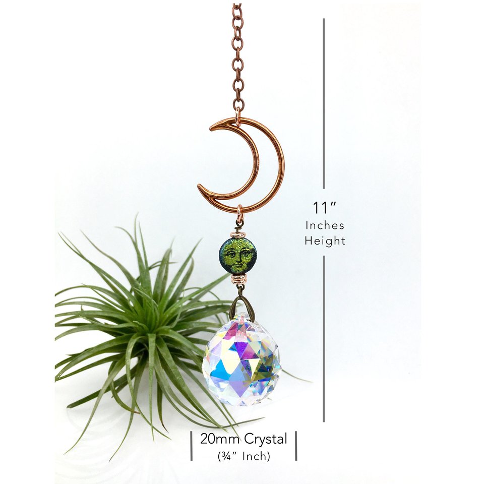 Sun Catcher, Moon face, Copper, Crystal Prism Hanging, Rainbow Maker, SM, AB 20mm Crystal, Home, Window, Garden,Gift, 2 DirtyBirds Boutique